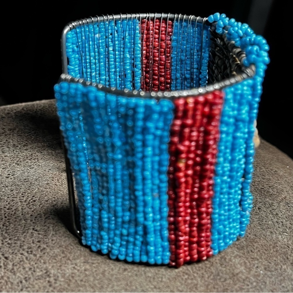 Artisan Handmade seed and wooden bead cuff bracelet 2.5” H - Picture 4 of 5